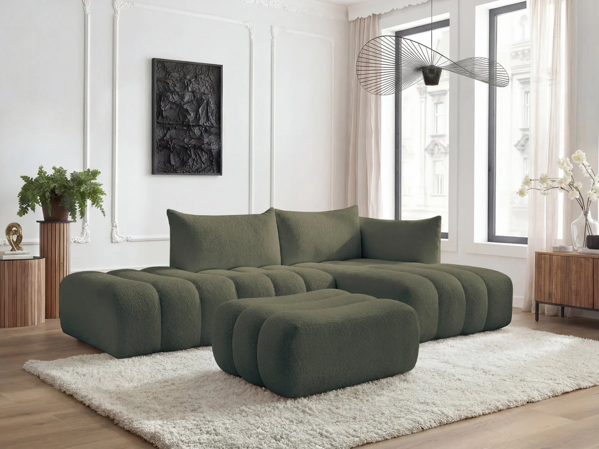 Canapé d'angle fixe modulable AZRA tissu bouclette avec pouf - Image 29