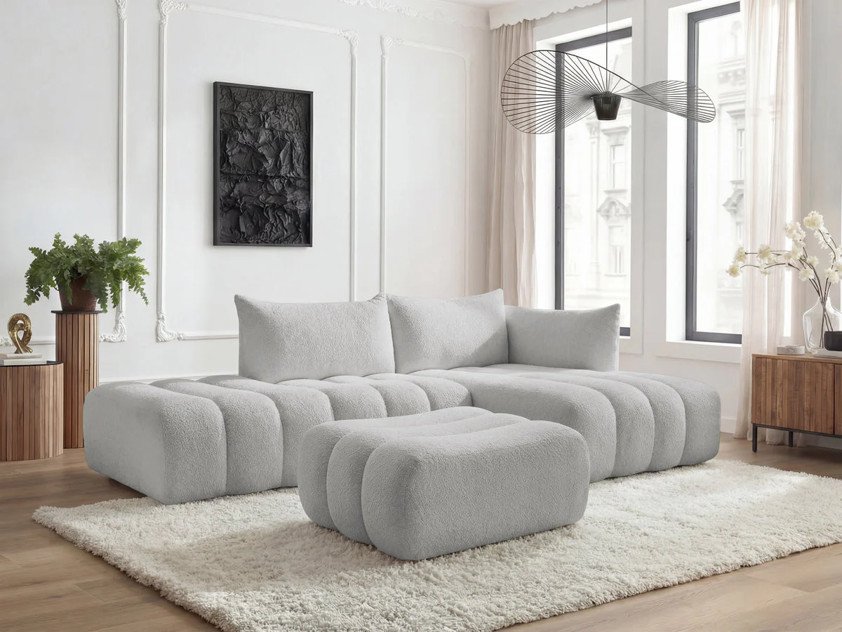 Canapé d'angle fixe modulable AZRA tissu bouclette avec pouf - Image 33