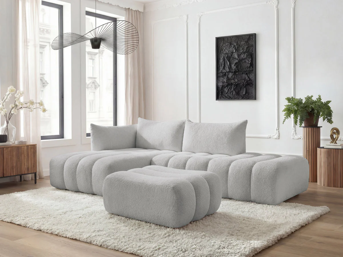 Canapé d'angle fixe modulable AZRA tissu bouclette avec pouf - Image 34