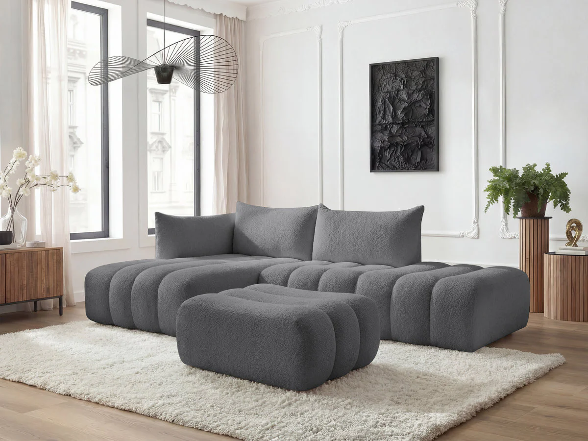 Canapé d'angle fixe modulable AZRA tissu bouclette avec pouf - Image 36