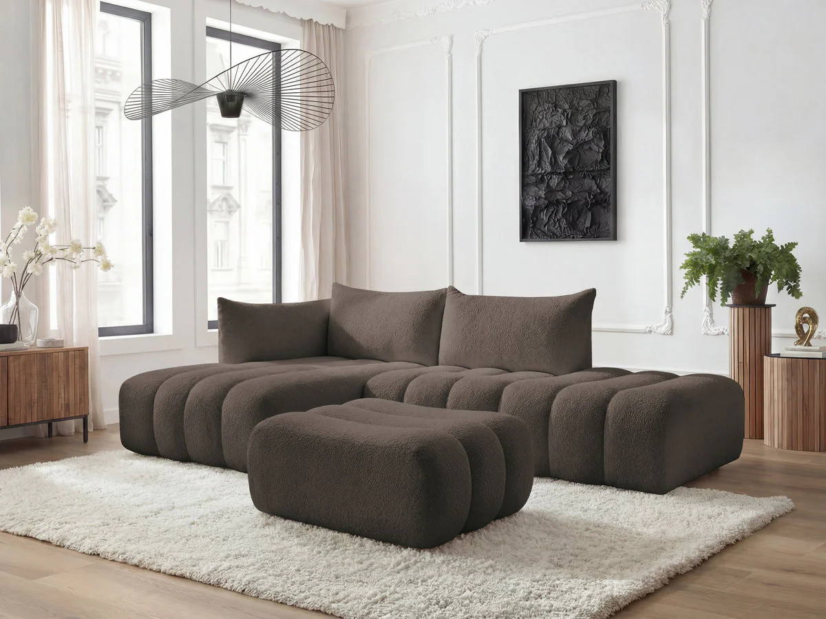 Canapé d'angle fixe modulable AZRA tissu bouclette avec pouf - Image 6