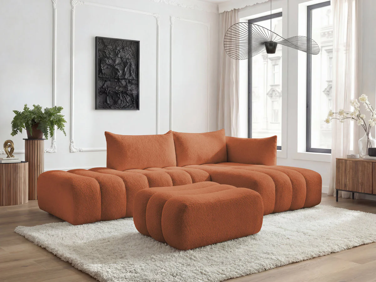 Canapé d'angle fixe modulable AZRA tissu bouclette avec pouf - Image 7