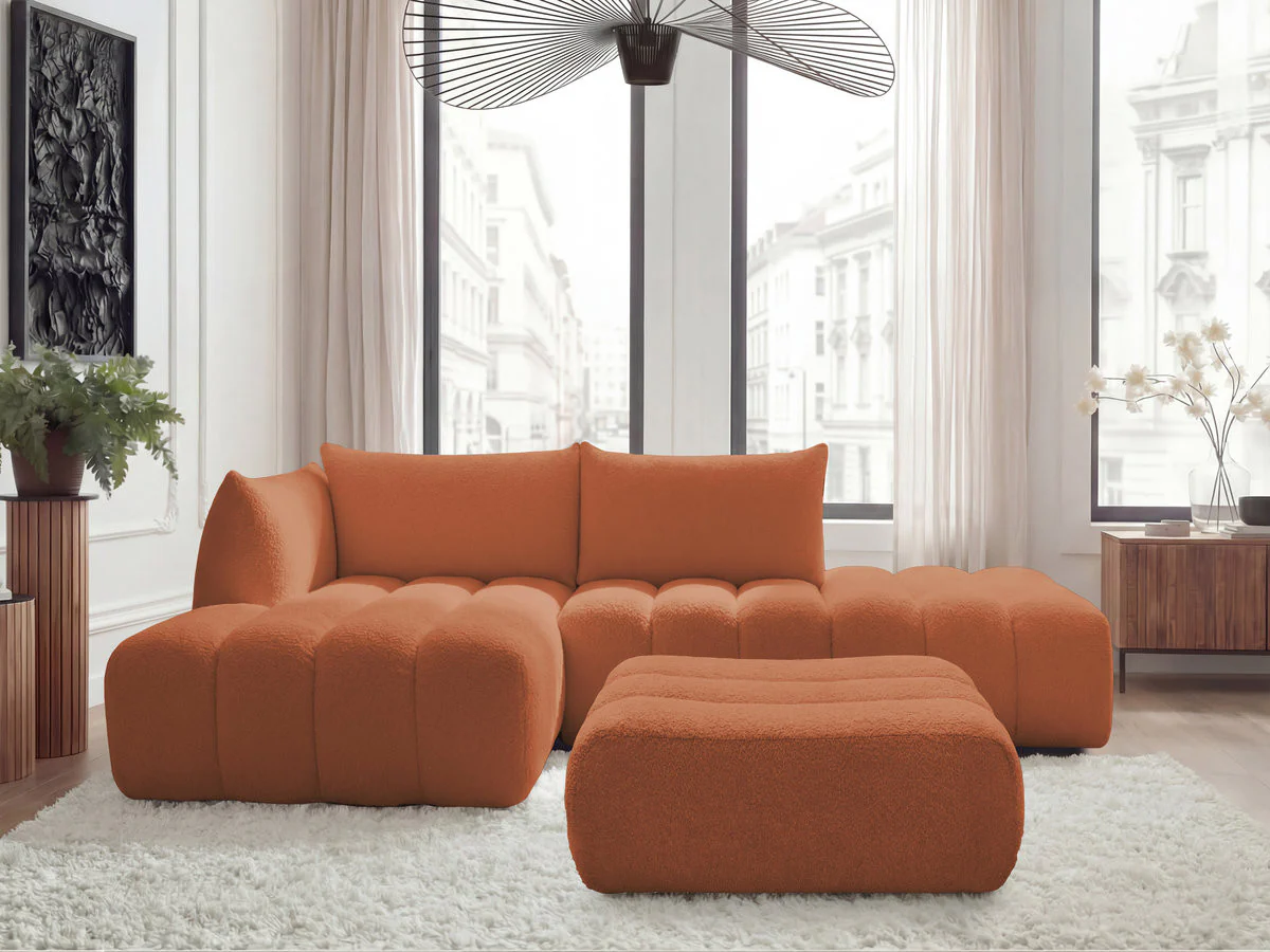 Canapé d'angle fixe modulable AZRA tissu bouclette avec pouf - Image 8