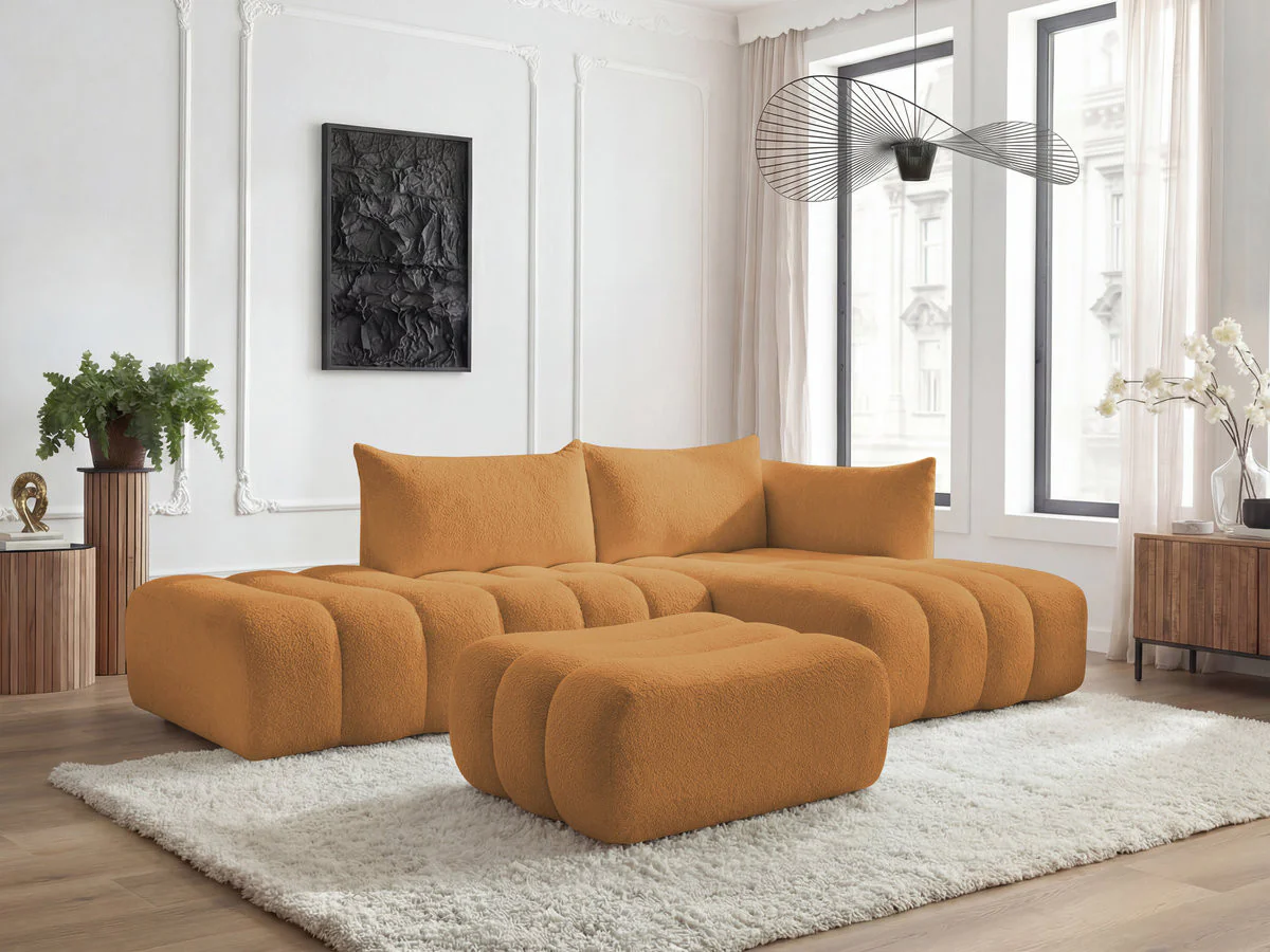 Canapé d'angle fixe modulable AZRA tissu bouclette avec pouf - Image 9