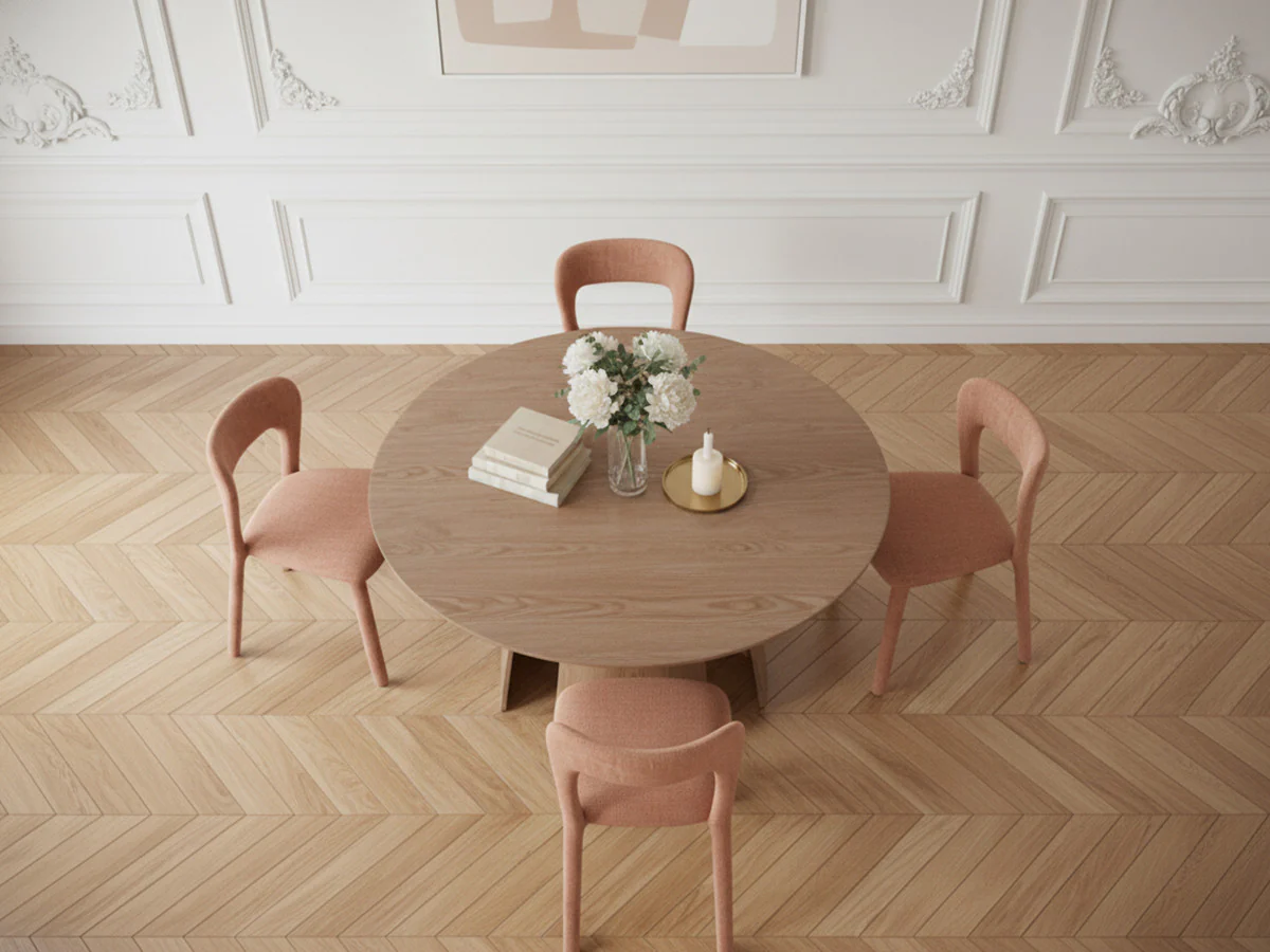 Ensemble GASTON avec table à manger ronde 120 cm placage chêne + 4 chaises PIA