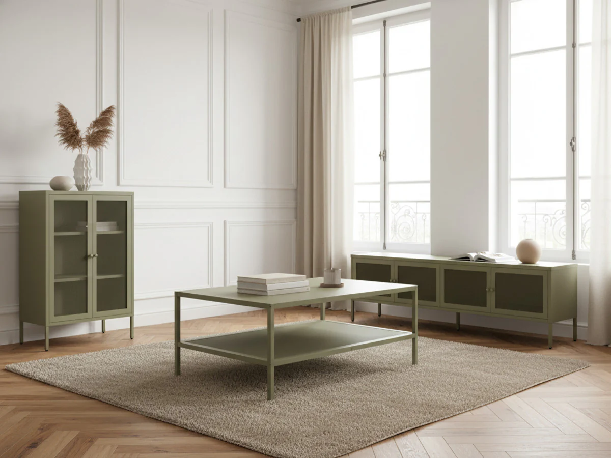 Meuble TV 4 portes 160 cm CLARA métal + Buffet haut 2 portes 70 cm CLARA métal + Table basse 100 cm CLARA métal édition limitée - Image 2