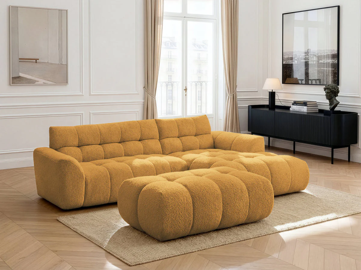 Canapé d'angle fixe JAYA tissu chenille avec pouf - Image 10