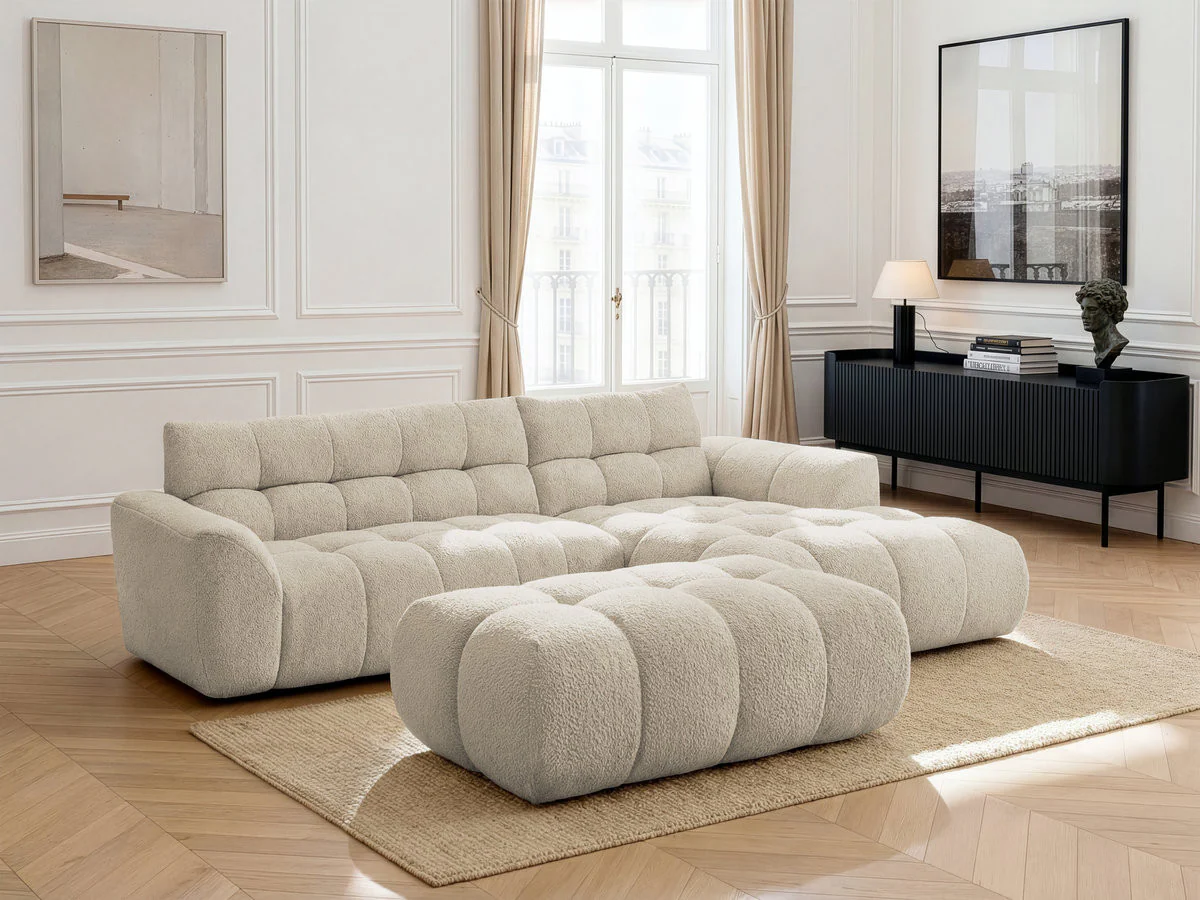 Canapé d'angle fixe JAYA tissu chenille avec pouf - Image 23