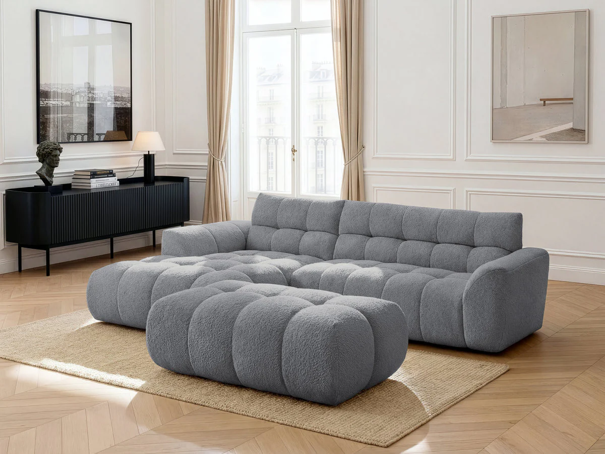 Canapé d'angle fixe JAYA tissu chenille avec pouf - Image 41