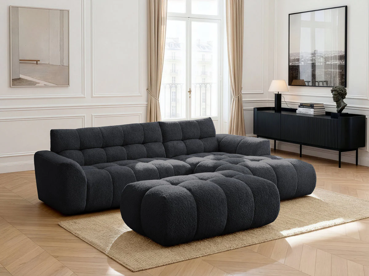 Canapé d'angle fixe JAYA tissu chenille avec pouf - Image 42