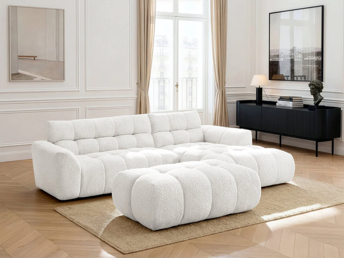 Canapé d'angle fixe JAYA tissu chenille avec pouf - Image 44