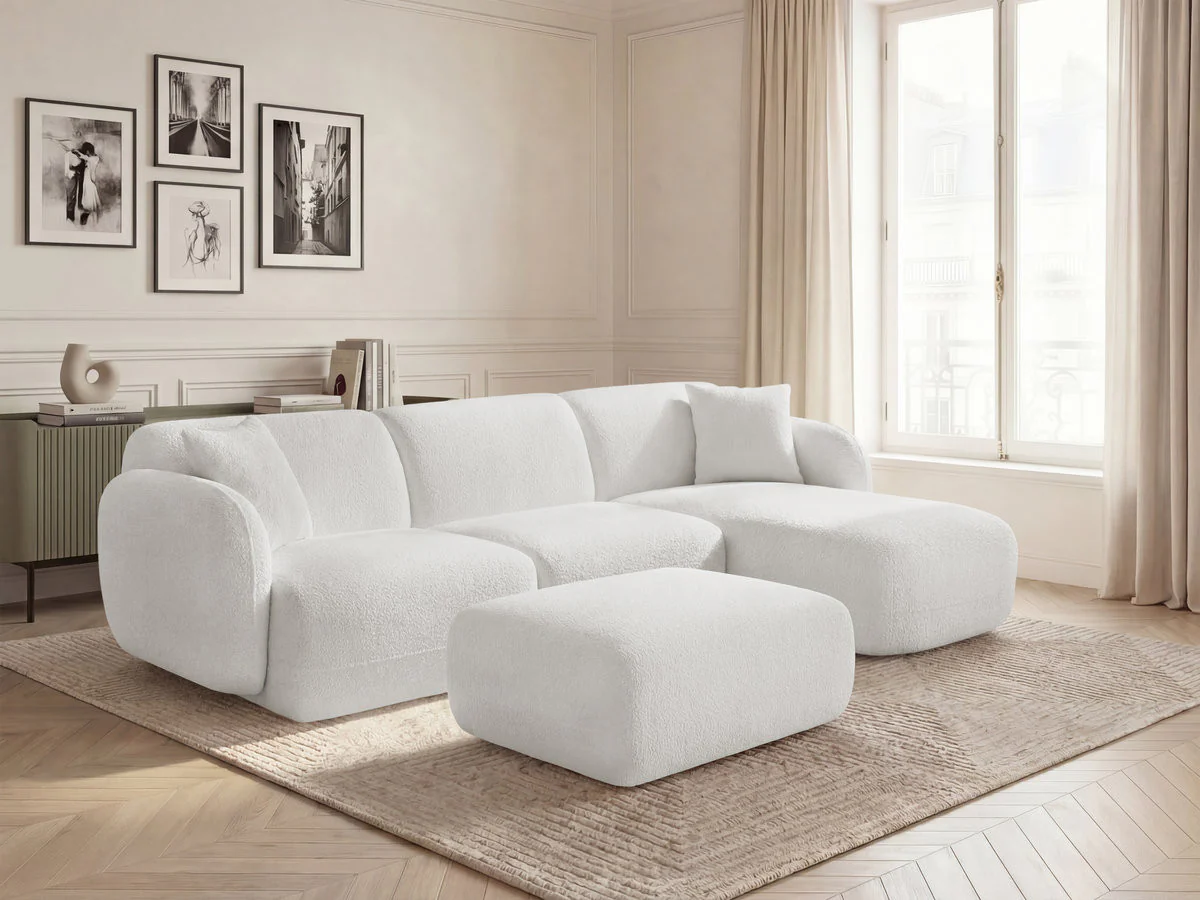 Canapé d'angle fixe modulable ANDA tissu chenille avec pouf - Image 3