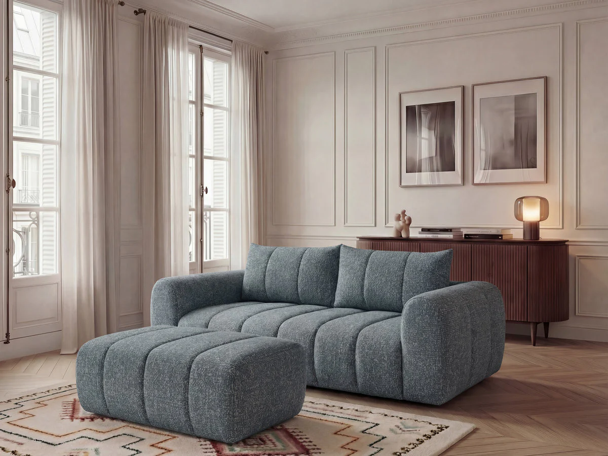 Canapé droit fixe 3 places NESTY tissu chiné avec pouf - Image 13