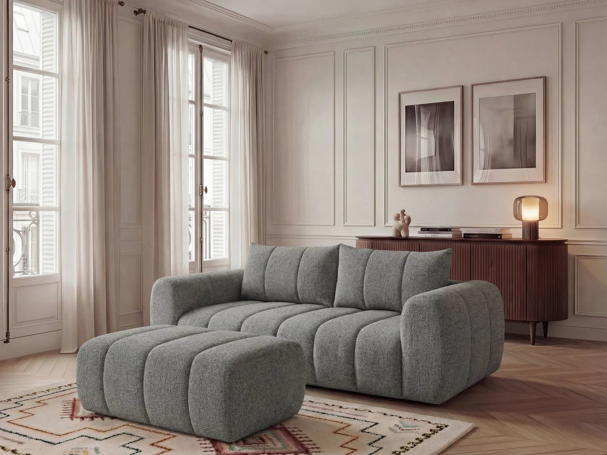 Canapé droit fixe 3 places NESTY tissu chiné avec pouf - Image 14