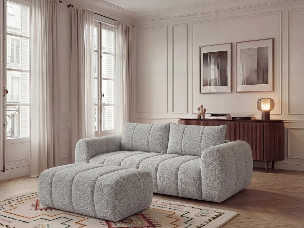 Canapé droit fixe 3 places NESTY tissu chiné avec pouf - Image 16
