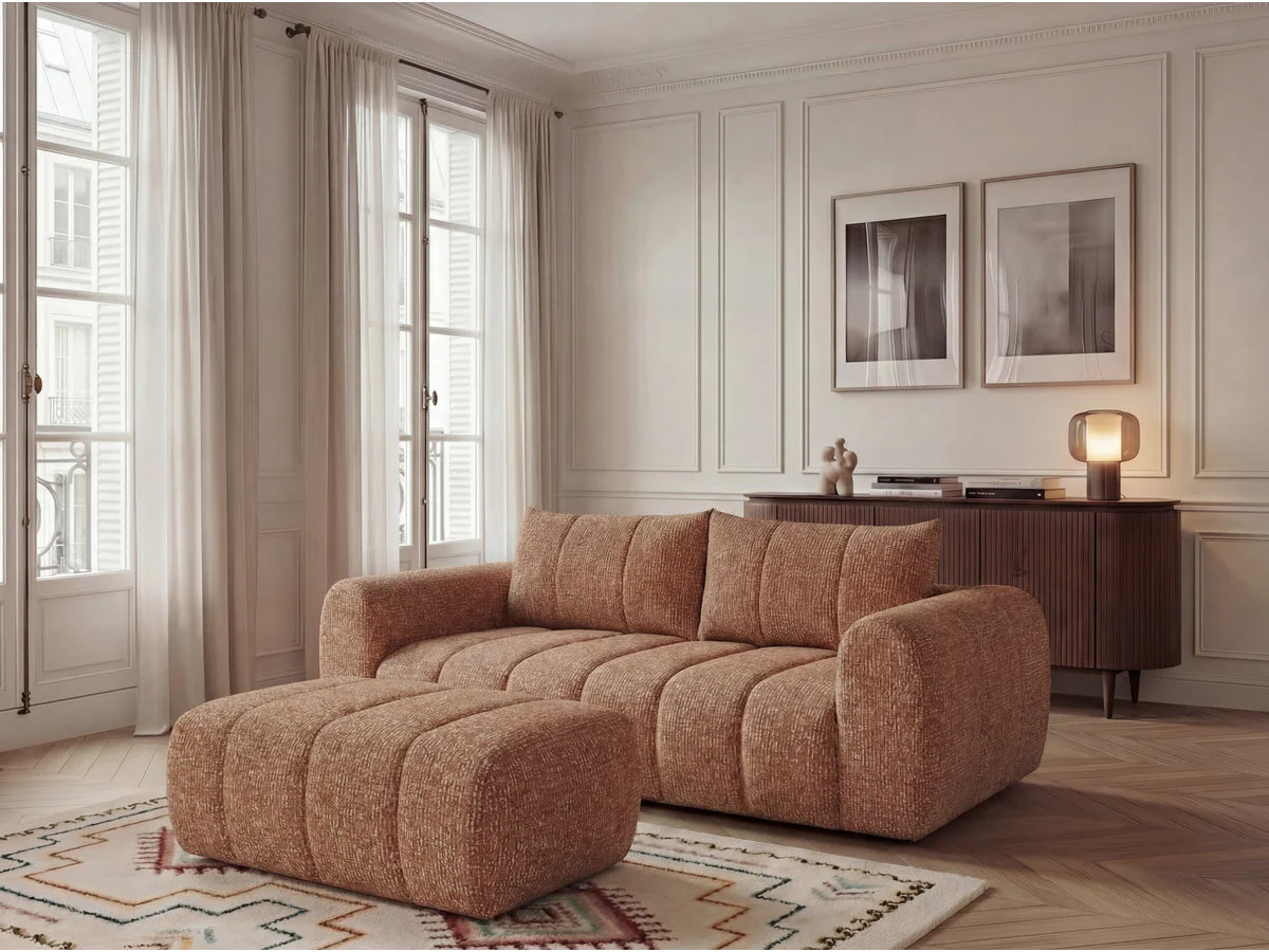 Canapé droit fixe 3 places NESTY tissu chiné avec pouf - Image 3