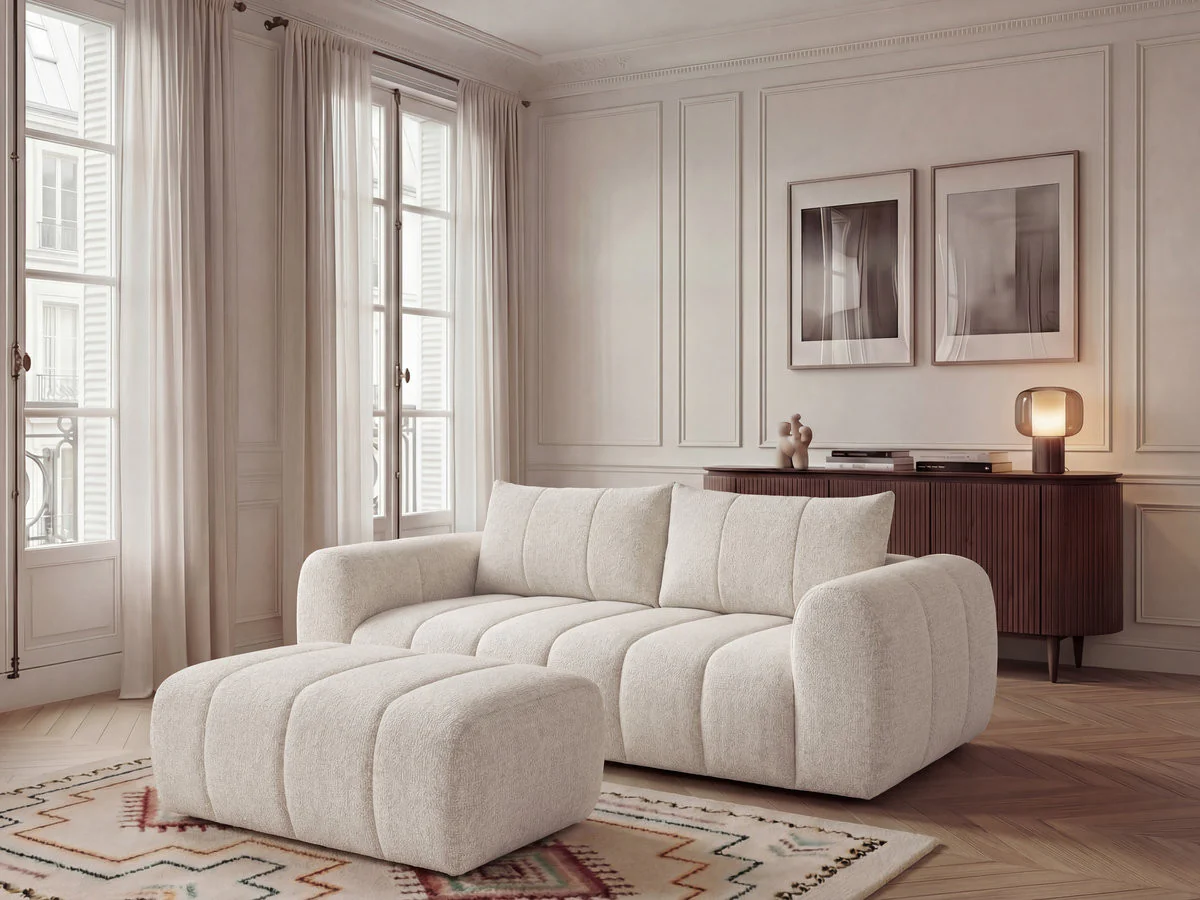 Canapé droit fixe 3 places NESTY tissu chiné avec pouf - Image 9