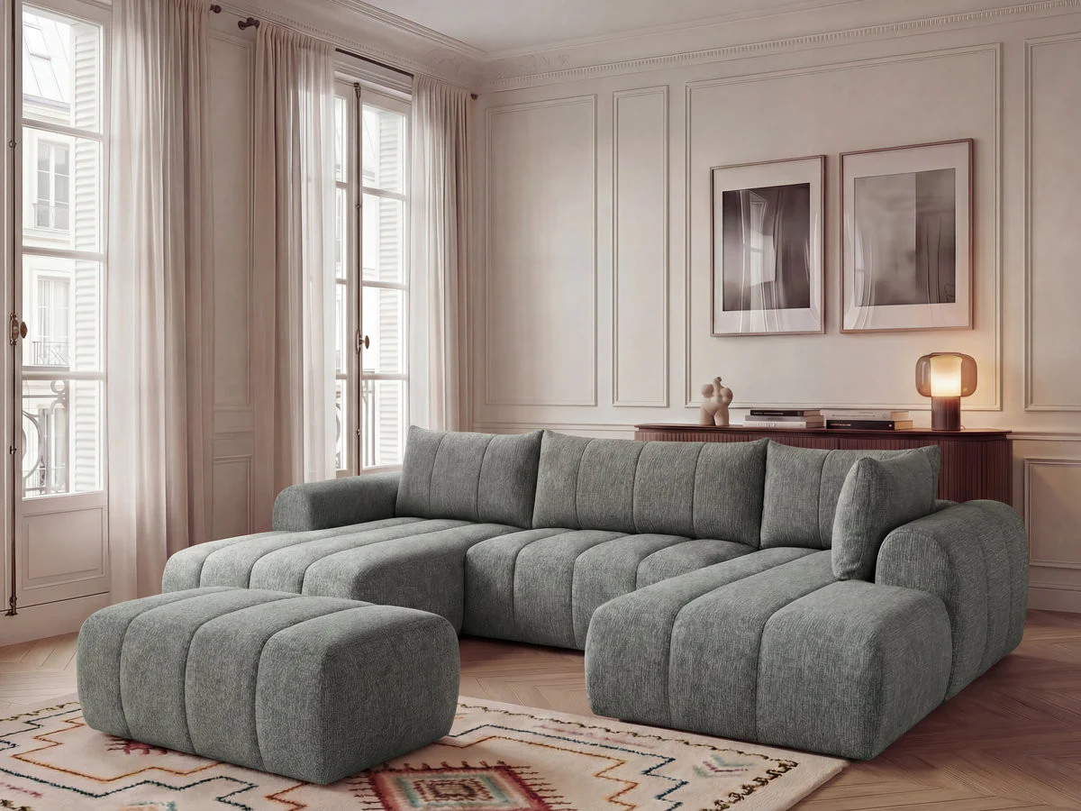 Canapé panoramique fixe NESTY tissu chiné avec pouf - Image 10