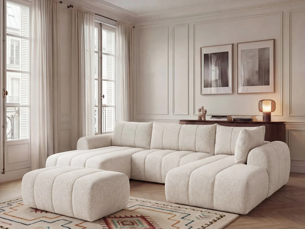 Canapé panoramique fixe NESTY tissu chiné avec pouf - Image 12