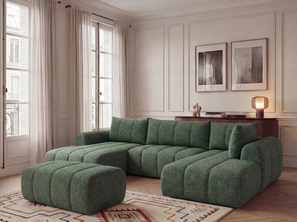 Canapé panoramique fixe NESTY tissu chiné avec pouf - Image 14
