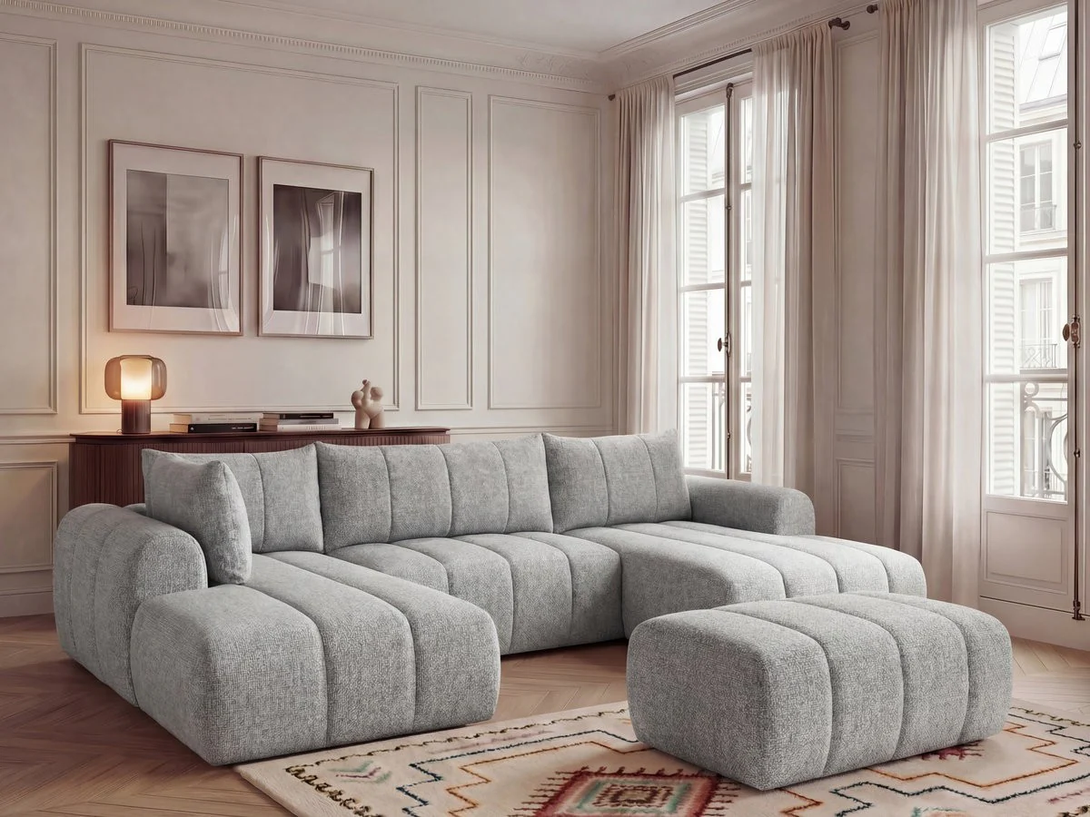 Canapé panoramique fixe NESTY tissu chiné avec pouf - Image 15