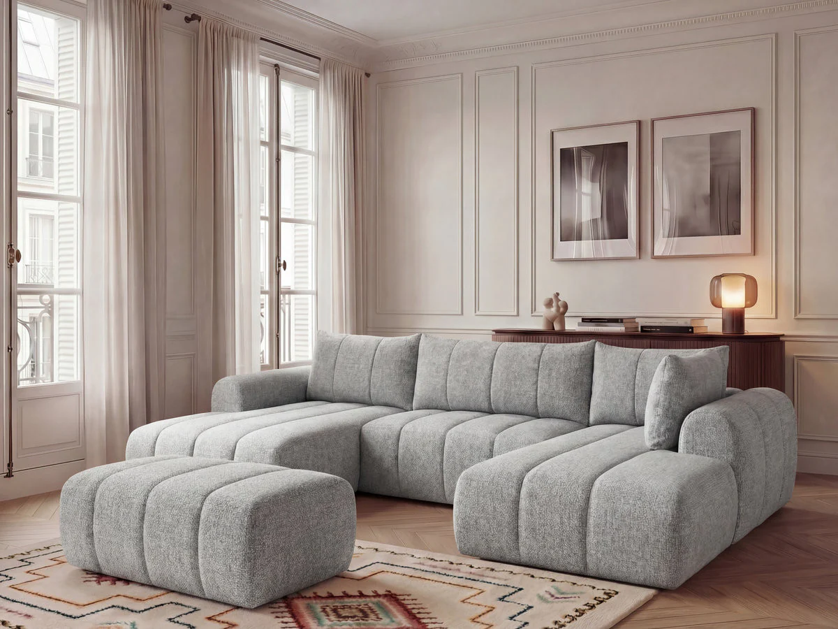 Canapé panoramique fixe NESTY tissu chiné avec pouf - Image 16