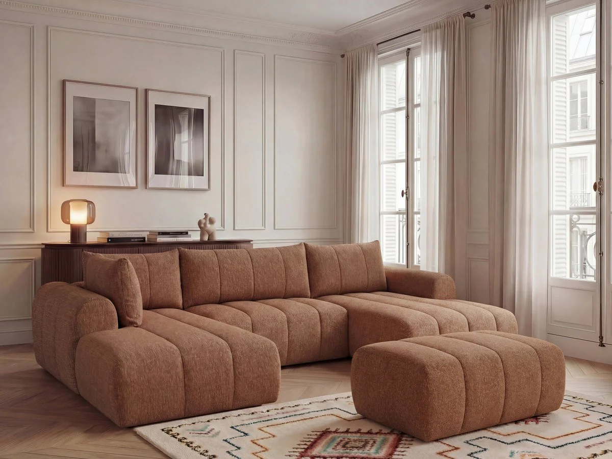 Canapé panoramique fixe NESTY tissu chiné avec pouf - Image 17