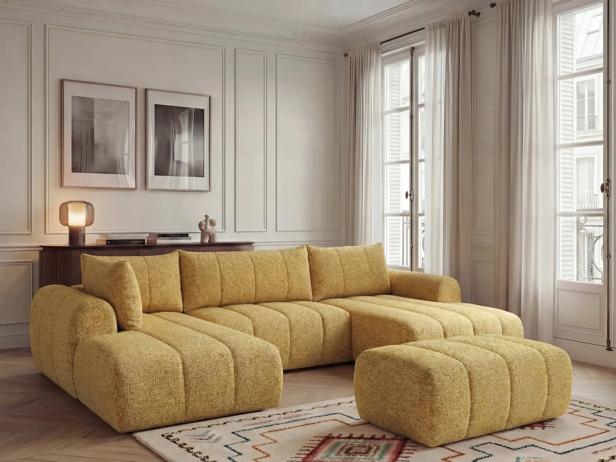 Canapé panoramique fixe NESTY tissu chiné avec pouf - Image 21