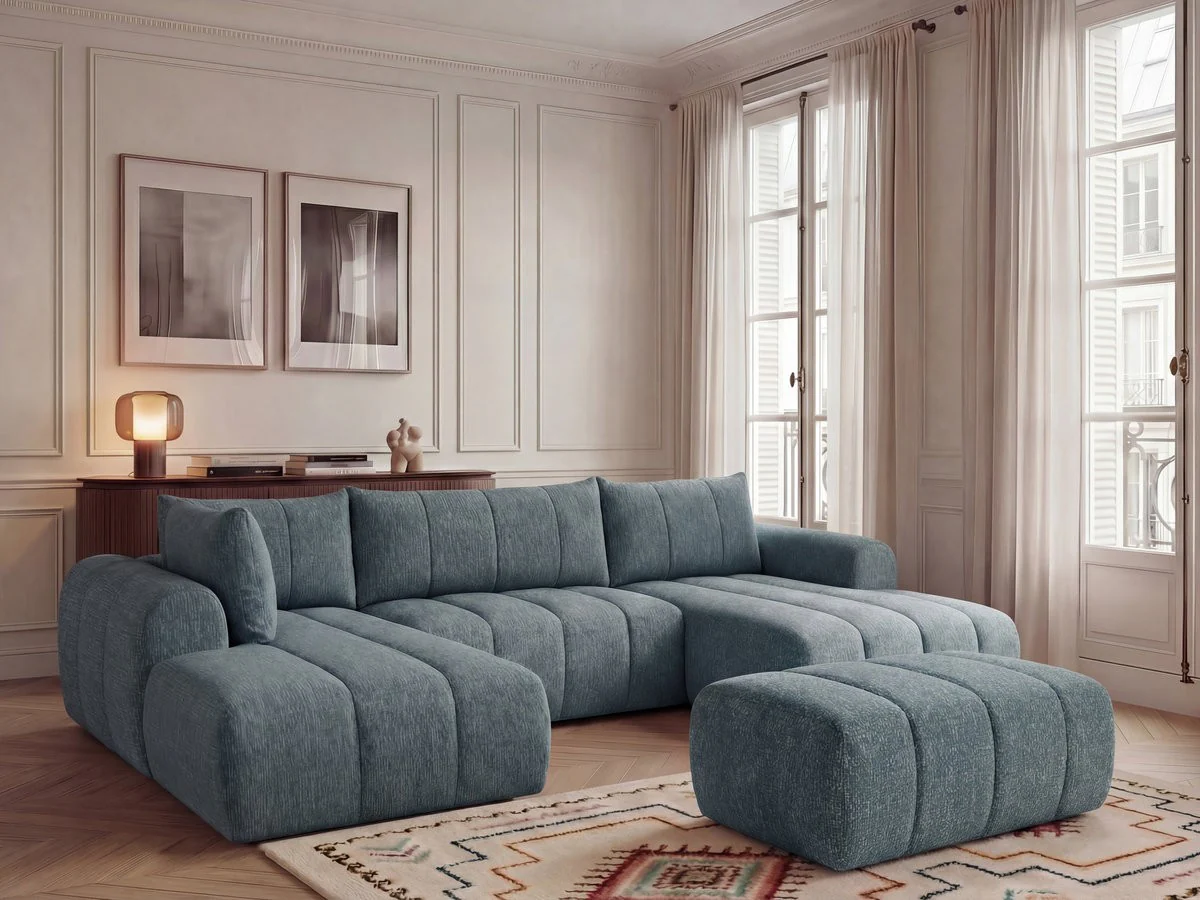 Canapé panoramique fixe NESTY tissu chiné avec pouf - Image 23