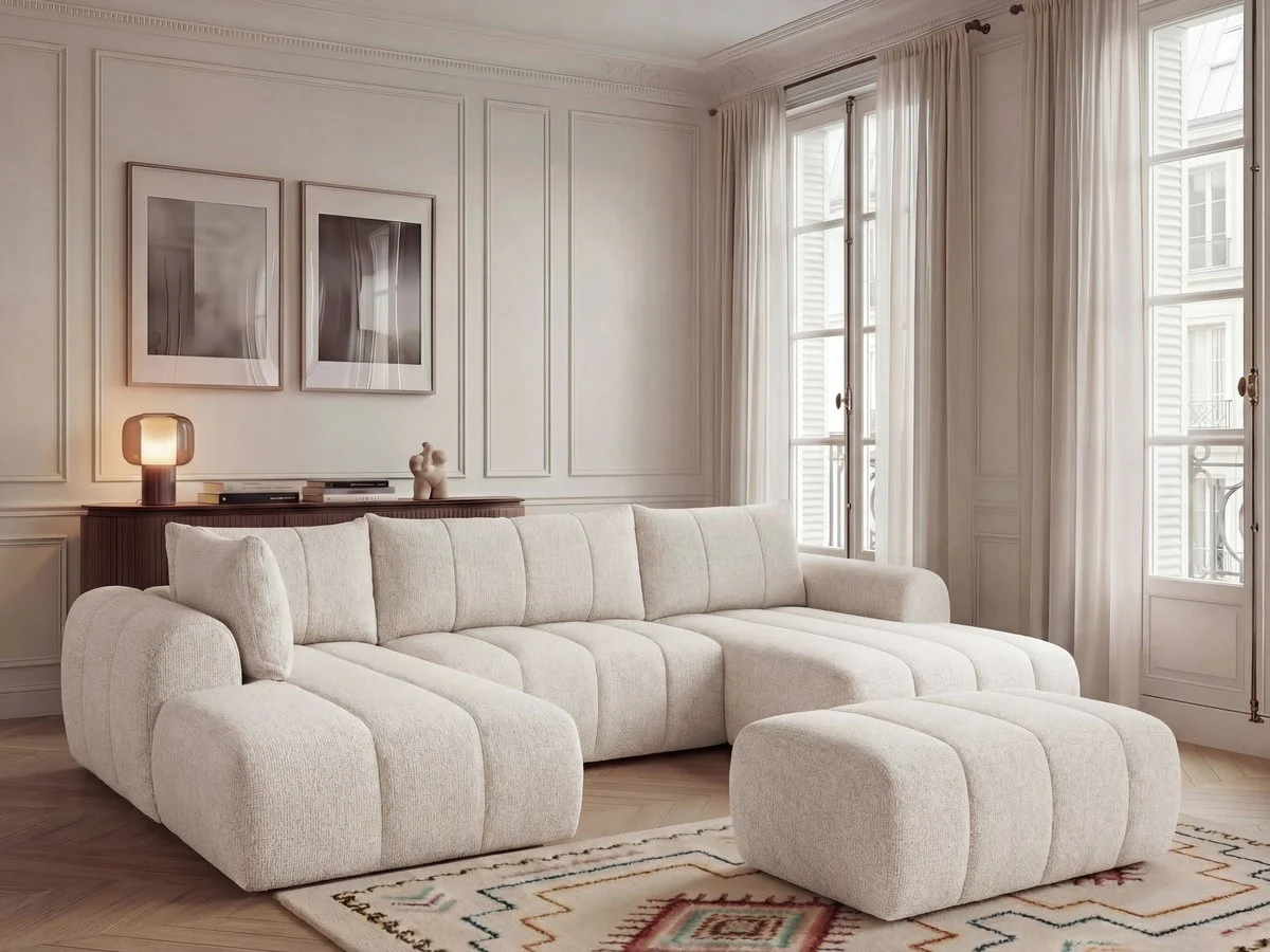 Canapé panoramique fixe NESTY tissu chiné avec pouf - Image 27