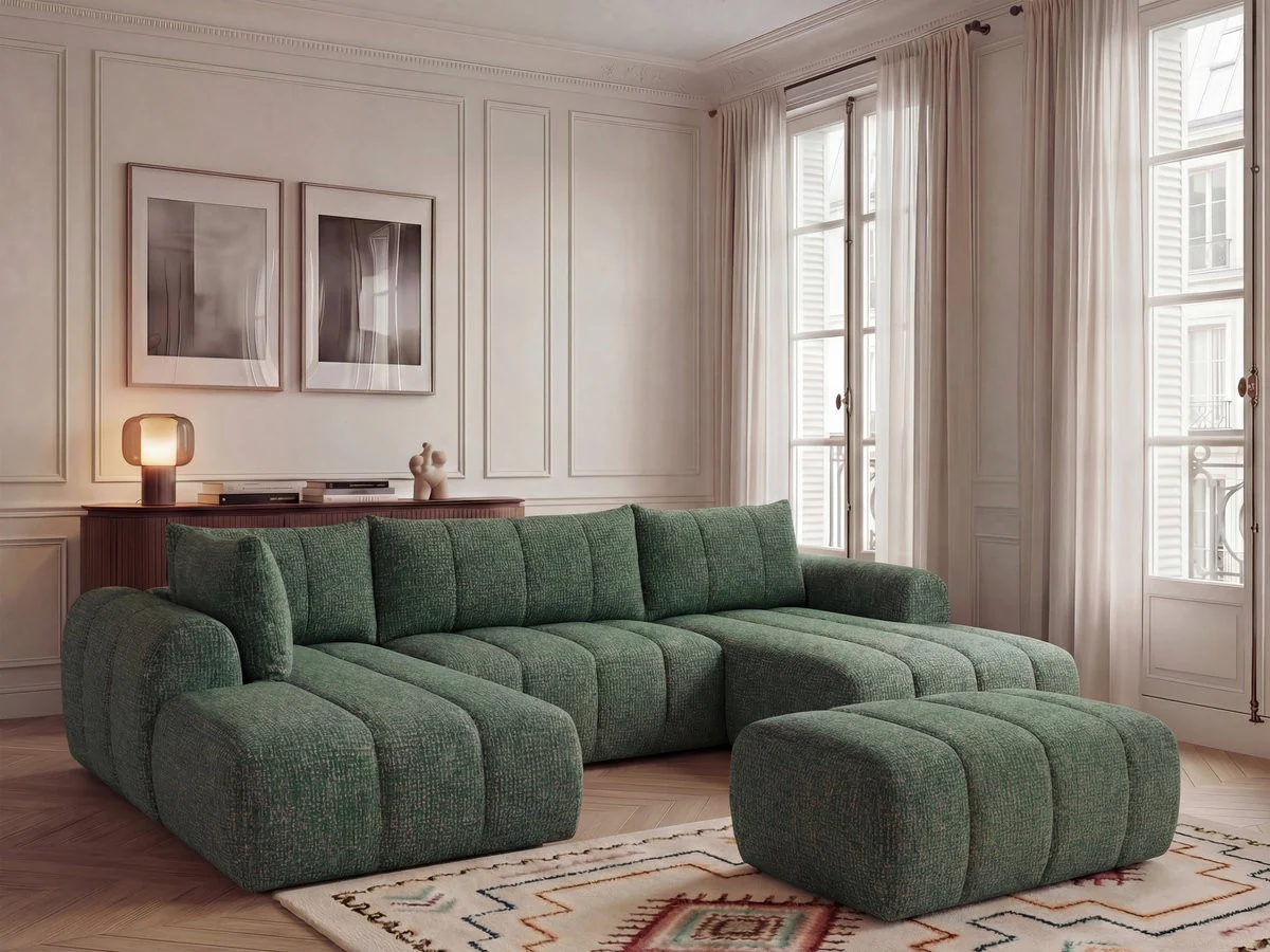 Canapé panoramique fixe NESTY tissu chiné avec pouf - Image 29