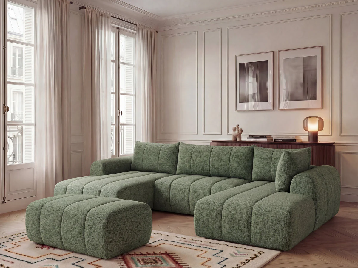 Canapé panoramique fixe NESTY tissu chiné avec pouf - Image 3