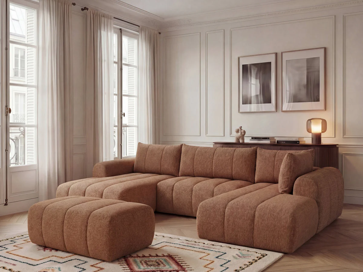 Canapé panoramique fixe NESTY tissu chiné avec pouf - Image 4