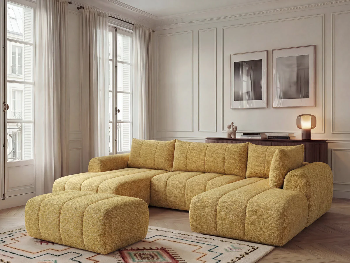 Canapé panoramique fixe NESTY tissu chiné avec pouf - Image 6