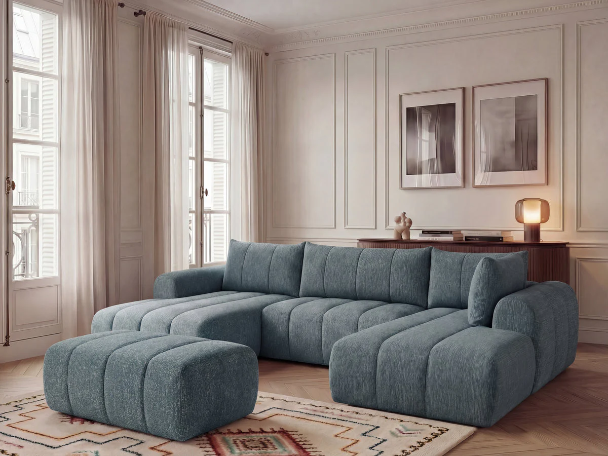 Canapé panoramique fixe NESTY tissu chiné avec pouf - Image 8