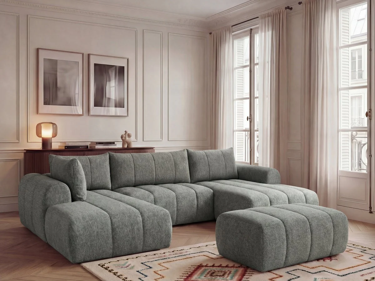 Canapé panoramique fixe NESTY tissu chiné avec pouf - Image 9