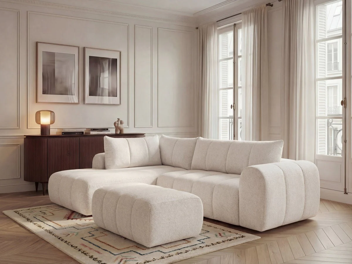 Canapé d'angle L fixe NESTY tissu chiné avec pouf - Image 11