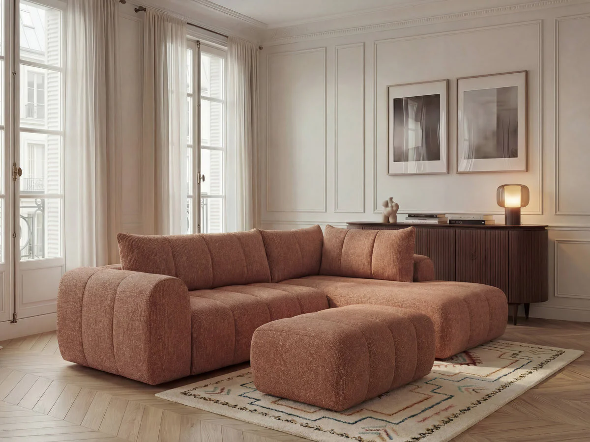 Canapé d'angle L fixe NESTY tissu chiné avec pouf - Image 17