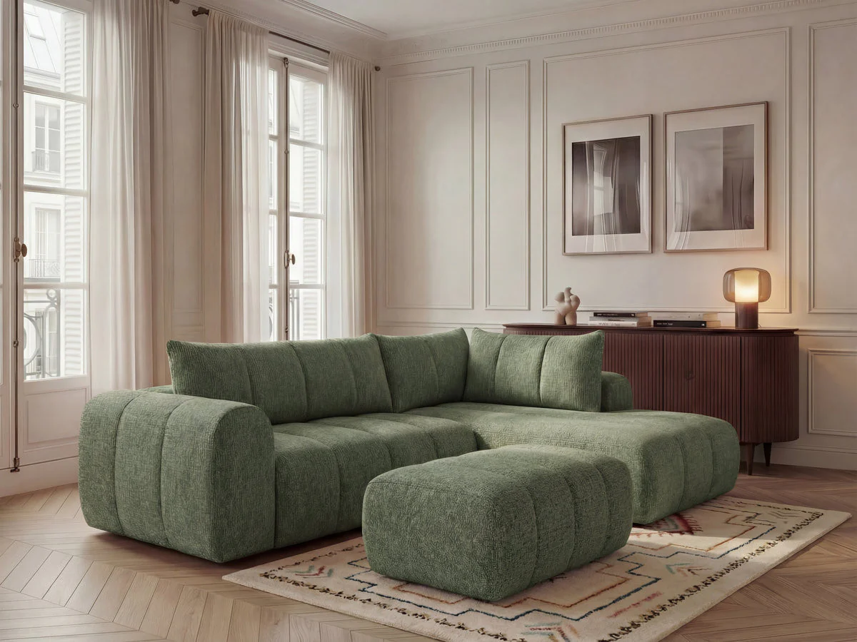 Canapé d'angle L fixe NESTY tissu chiné avec pouf - Image 18