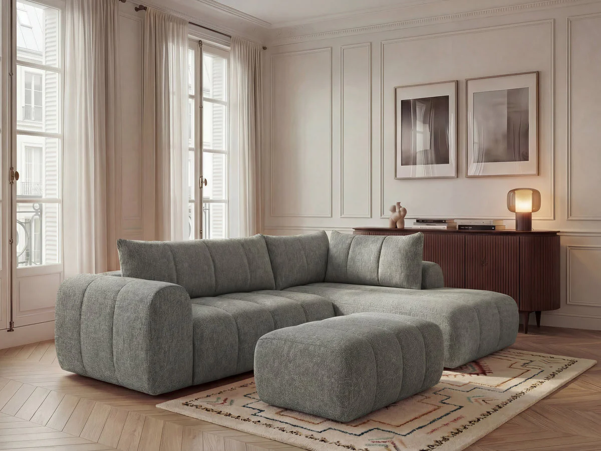 Canapé d'angle L fixe NESTY tissu chiné avec pouf - Image 25