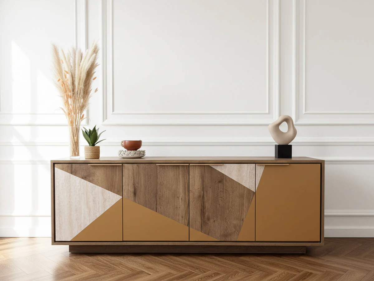 Buffet 4 portes 190 cm TULUM effet bois et travertin