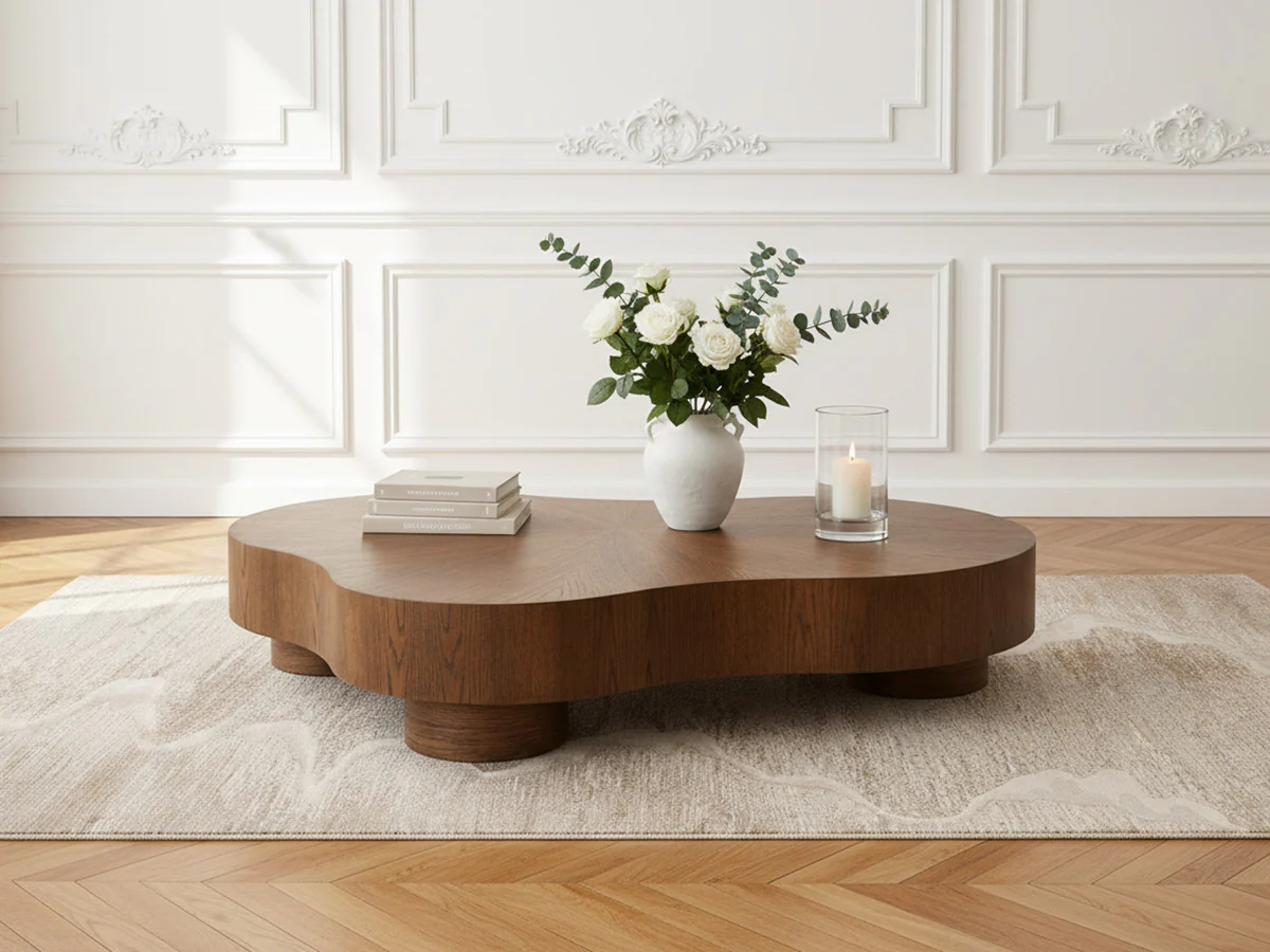 Table basse organique 138 cm CORBUSIER placage chêne massif - Image 3