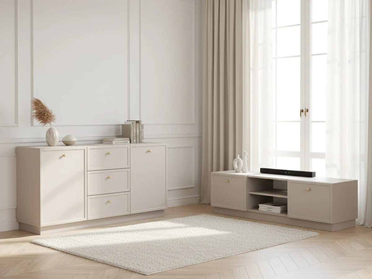 Ensemble LORINA avec buffet 150 cm + meuble TV 150 cm poignées or