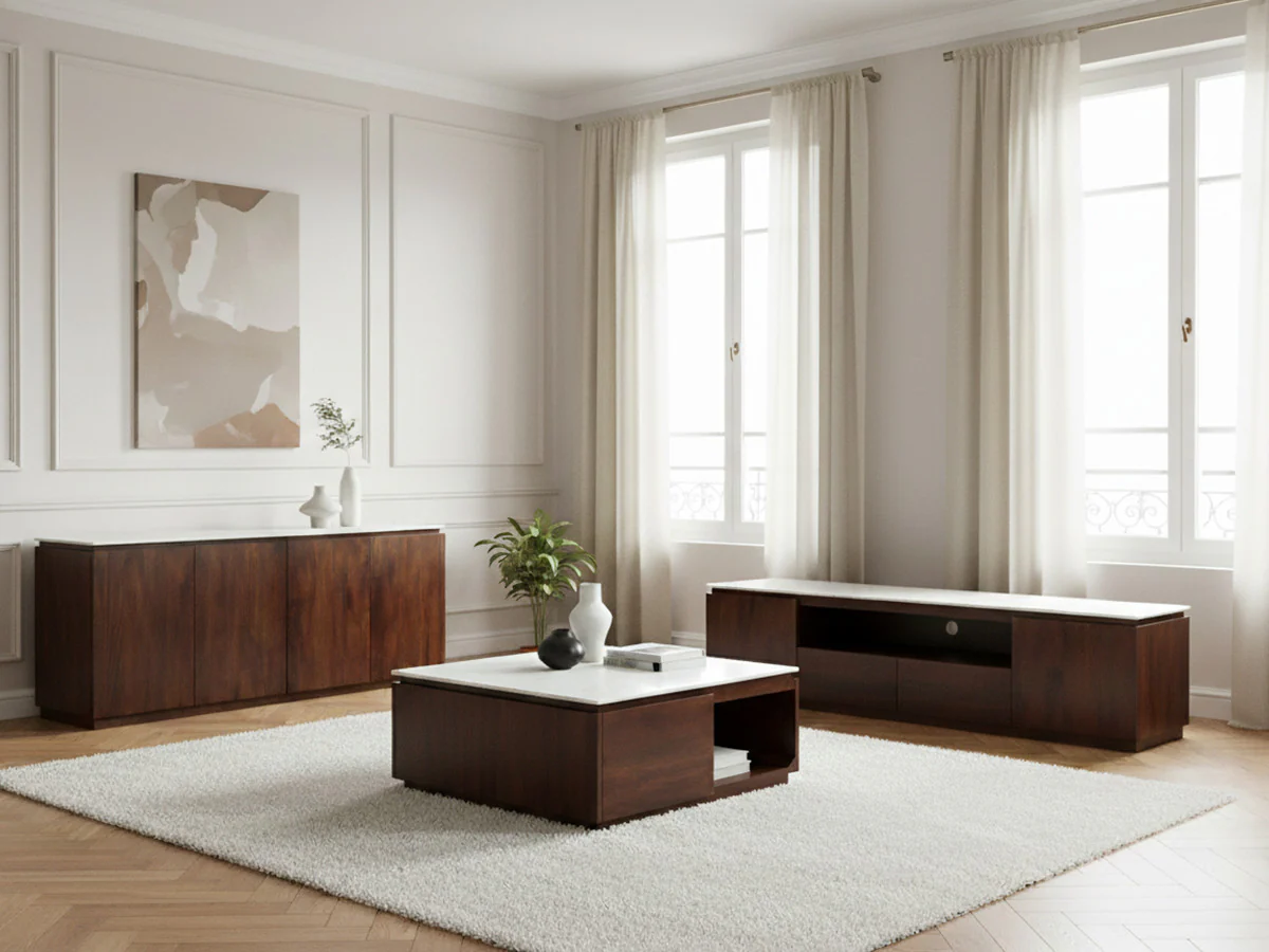 Ensemble BARBARA avec buffet 200 cm + meuble TV 200 cm + table basse en bois massif de manguier et marbre