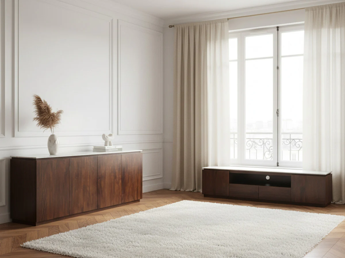 Ensemble BARBARA avec buffet 200 cm + meuble TV 200 cm en bois massif de manguier et marbre