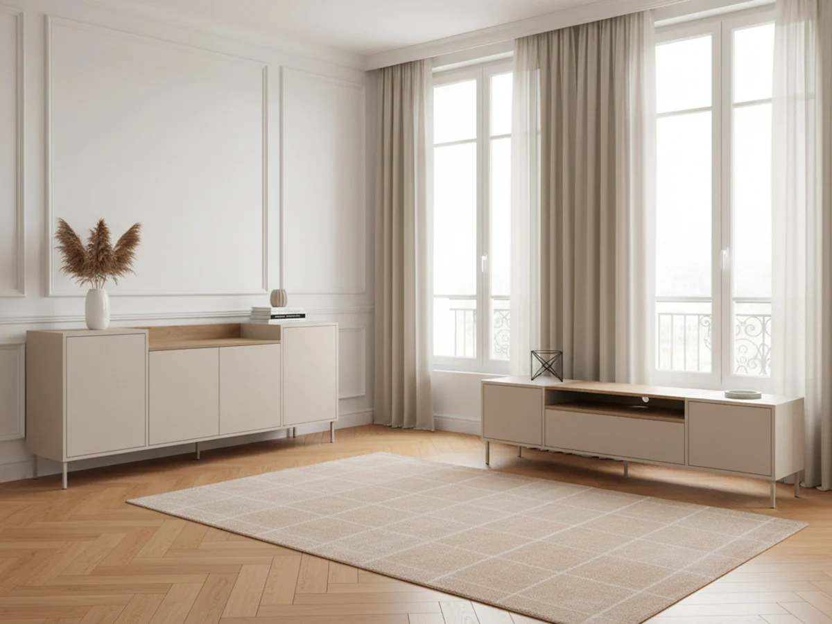 Ensemble LINO buffet 200 cm + meuble TV 180 cm plateau effet chêne et pieds métal