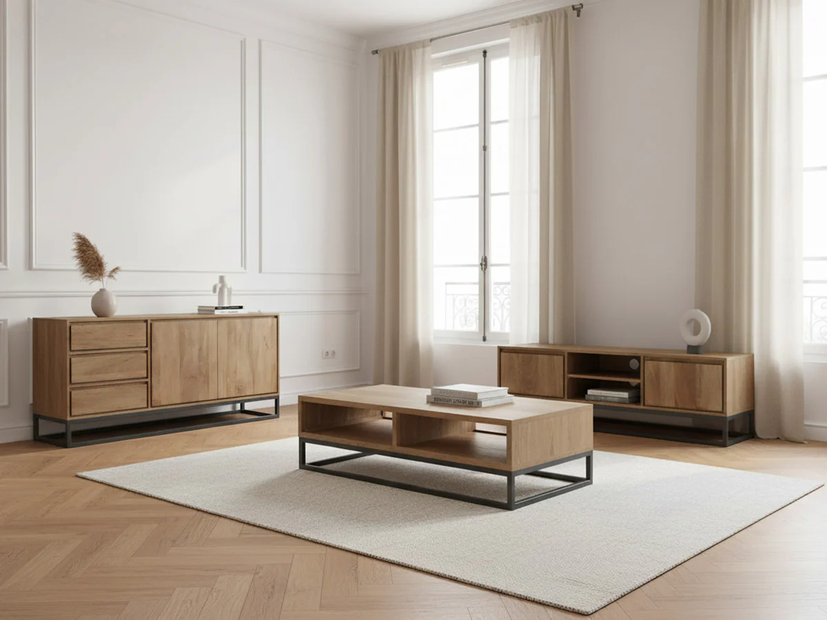 Ensemble BERGERAC avec buffet 150 cm + meuble TV 140 cm + table basse bois massif de manguier