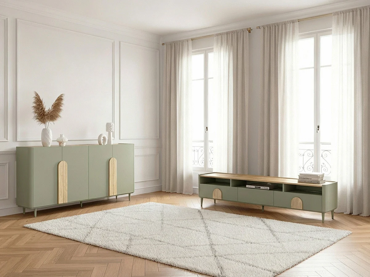 Ensemble ENYRA avec buffet 200 cm + meuble TV 2 tiroirs 200 cm pieds en bois massif - Image 3