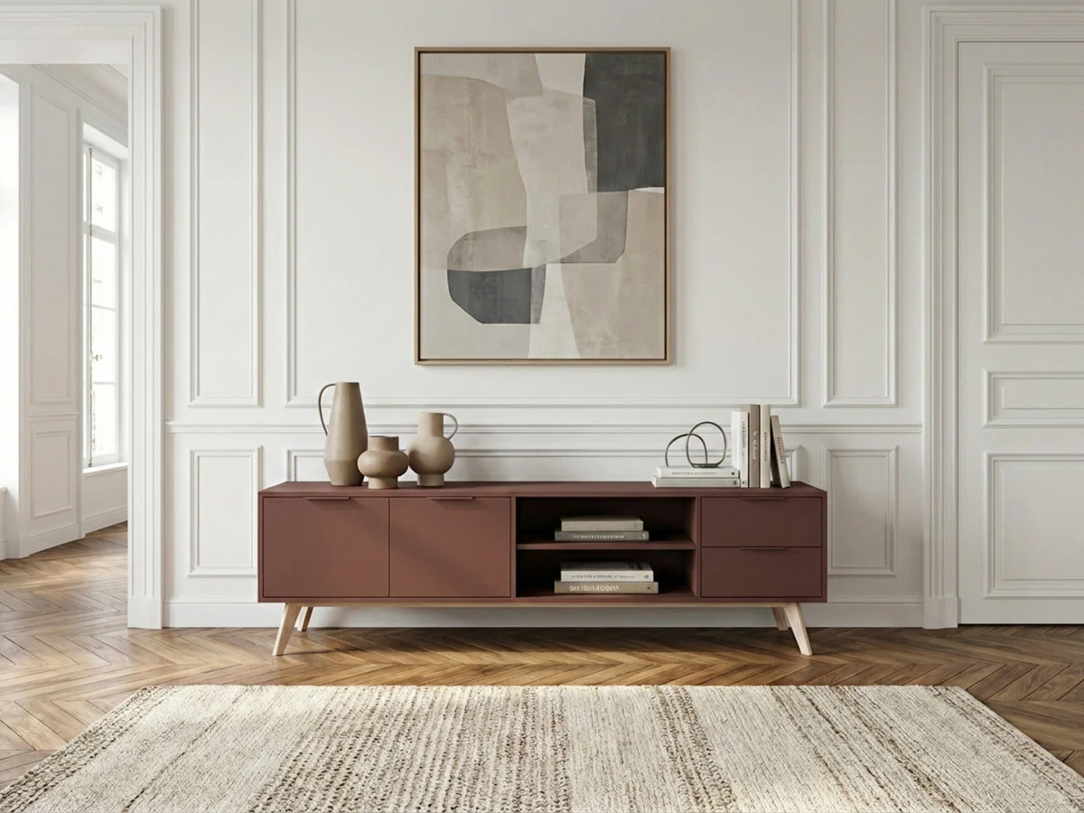 Meuble TV 2 portes 2 tiroirs 180 cm CAPUS pin laqué terracotta