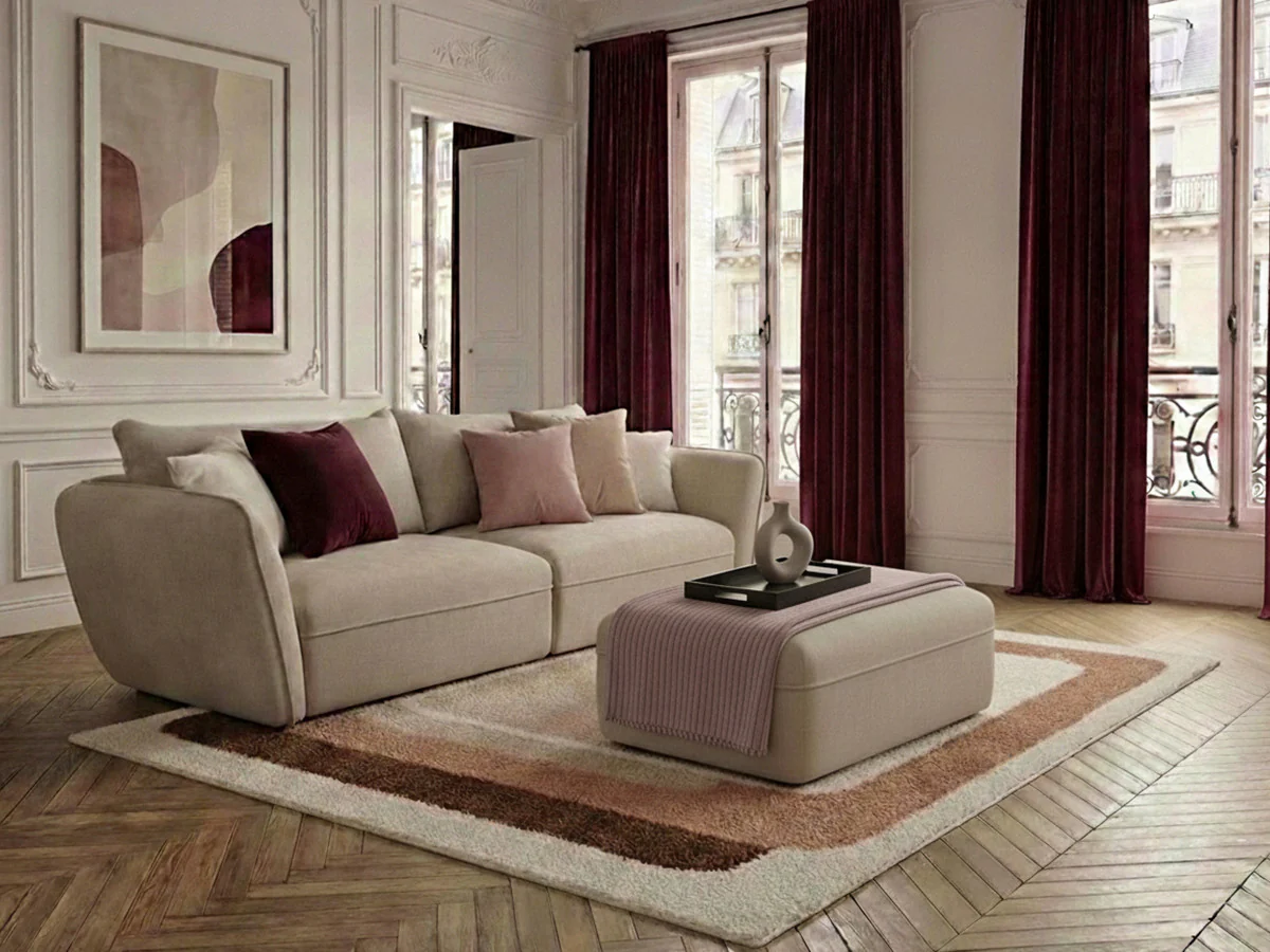 Canapé droit fixe 3 places LUIGI tissu lisse avec pouf - Image 10